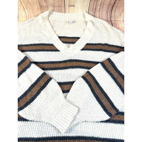 American Eagle XLARGE Oversized Women Sweater VNeck Beige Brown Striped XL - Picture 4 of 10